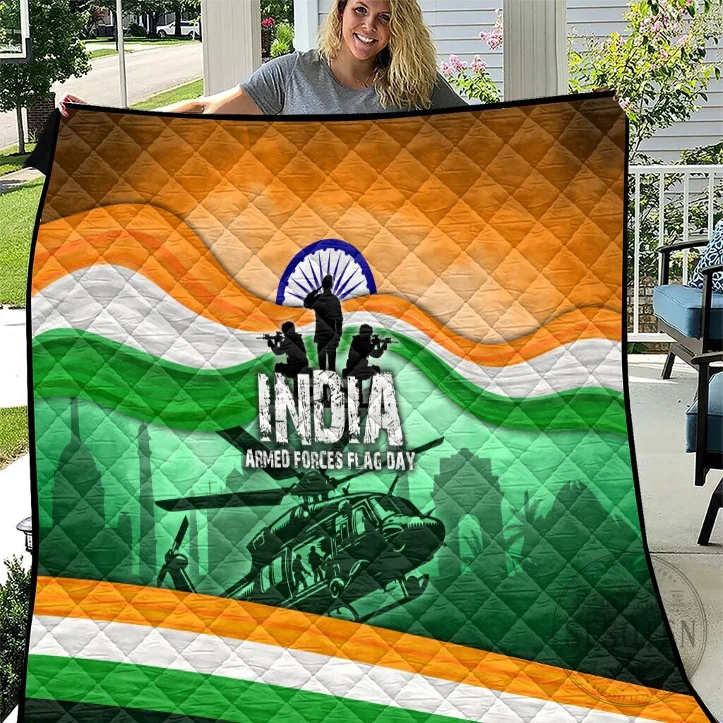 India Armed Forces Flag Day Patriotic Indian Military Soldier Helicopter Quilt