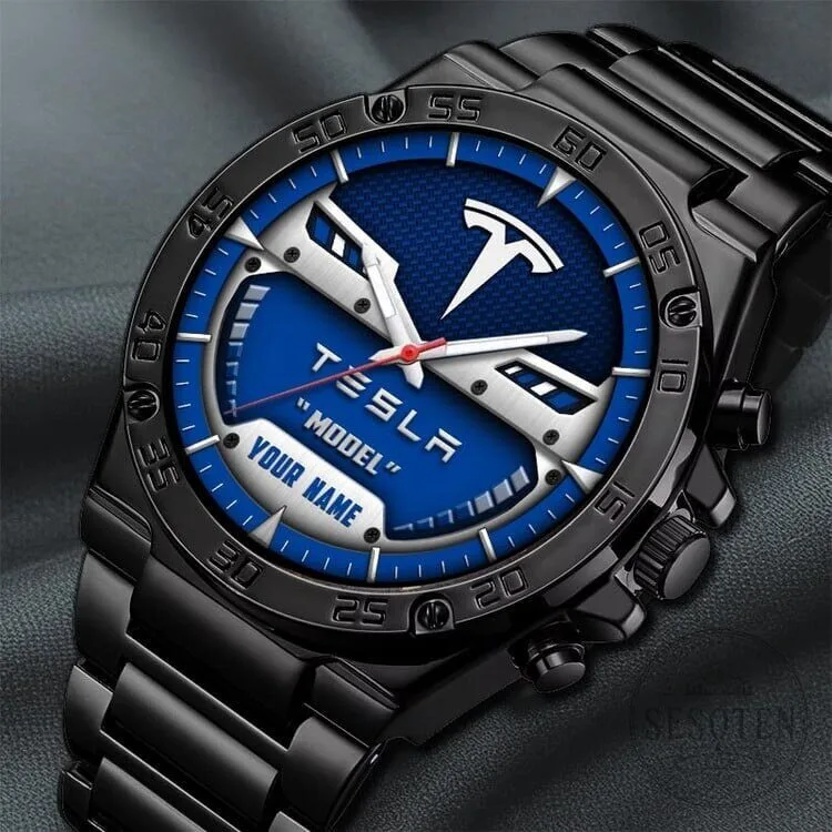 Tesla Motors Custom Name Blue Dial Elegant Fashion Design Watch