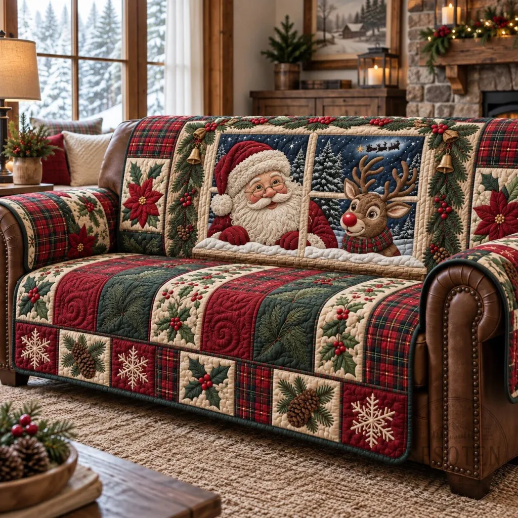 Christmas Santa Claus Reindeer Window Quilted Sofa Cover Christmas Santa Claus Reindeer Window Quilted Sofa Cover