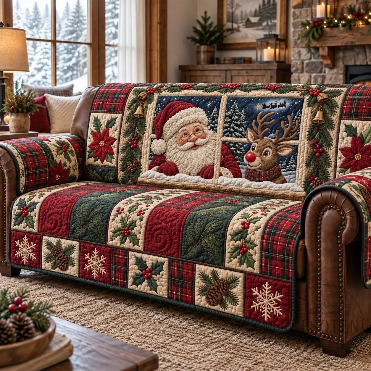 Christmas Santa Claus Reindeer Window Quilted Sofa Cover