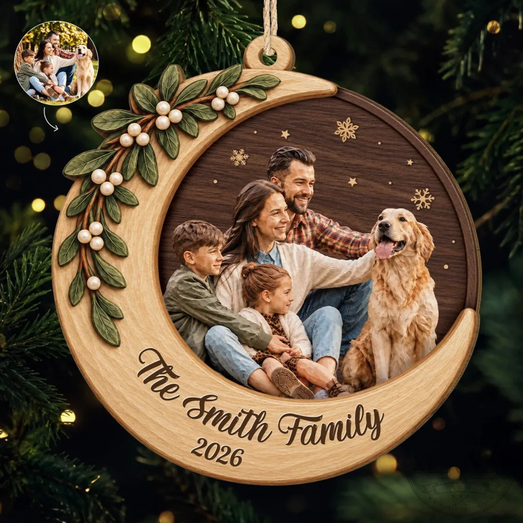 Personalized Family Photo Moon Christmas Tree Ornament with Custom Name and Year Personalized Family Photo Moon Christmas Tree Ornament with Custom Name and Year