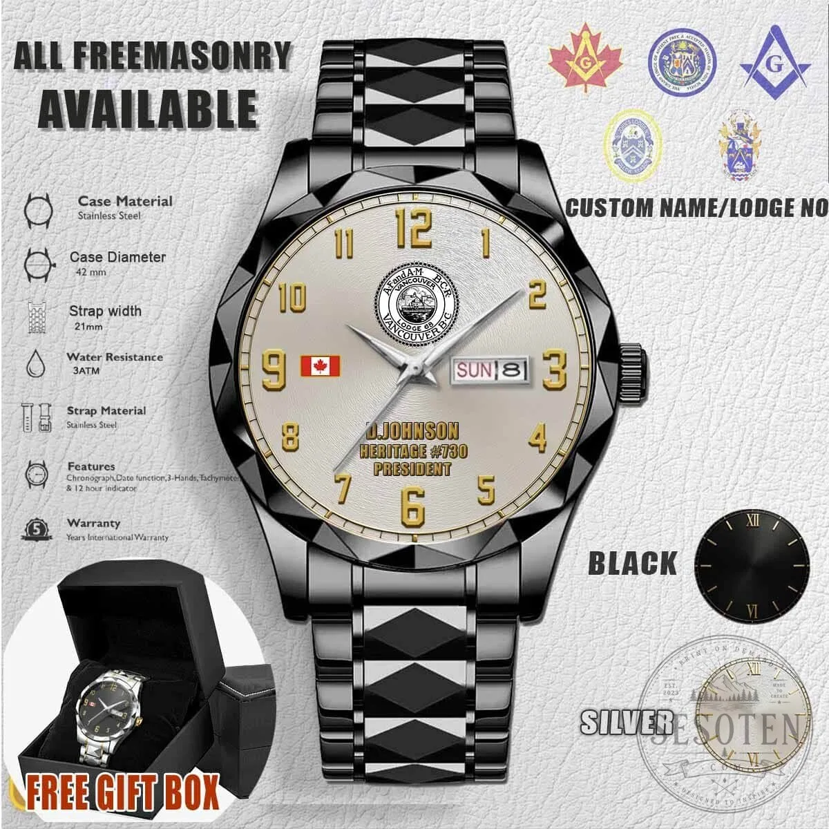 Freemasonry Vancouver Lodge Stainless Steel Men's Wrist Watch 6 Freemasonry Vancouver Lodge Stainless Steel Men