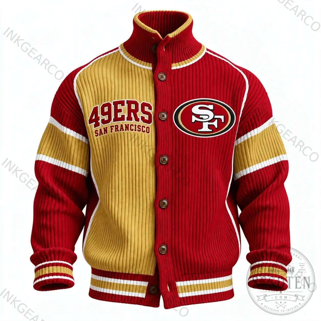 San Francisco 49ers Red Gold Striped Knit Button Up Varsity Jacket