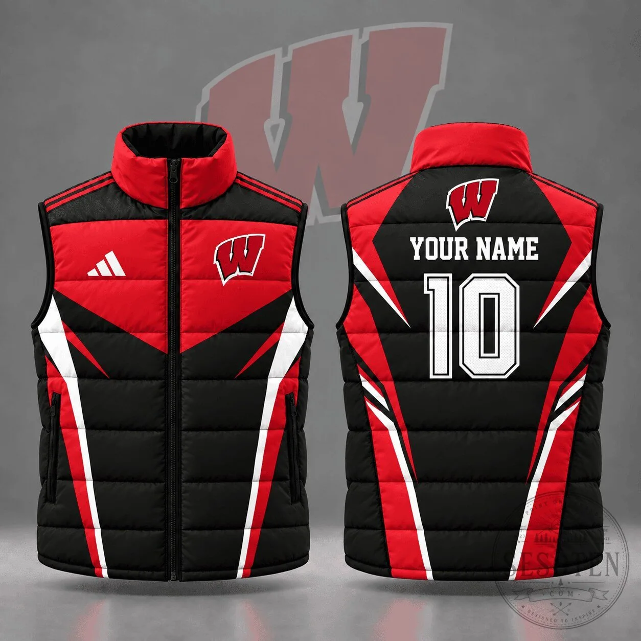 Wisconsin Badgers Personalized Red Black White Puffer Vest Jacket