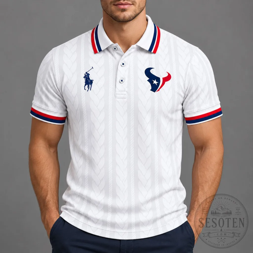 Houston Texans NFL Team Logo White Cable Knit Style Polo Shirt Houston Texans NFL Team Logo White Cable Knit Style Polo Shirt