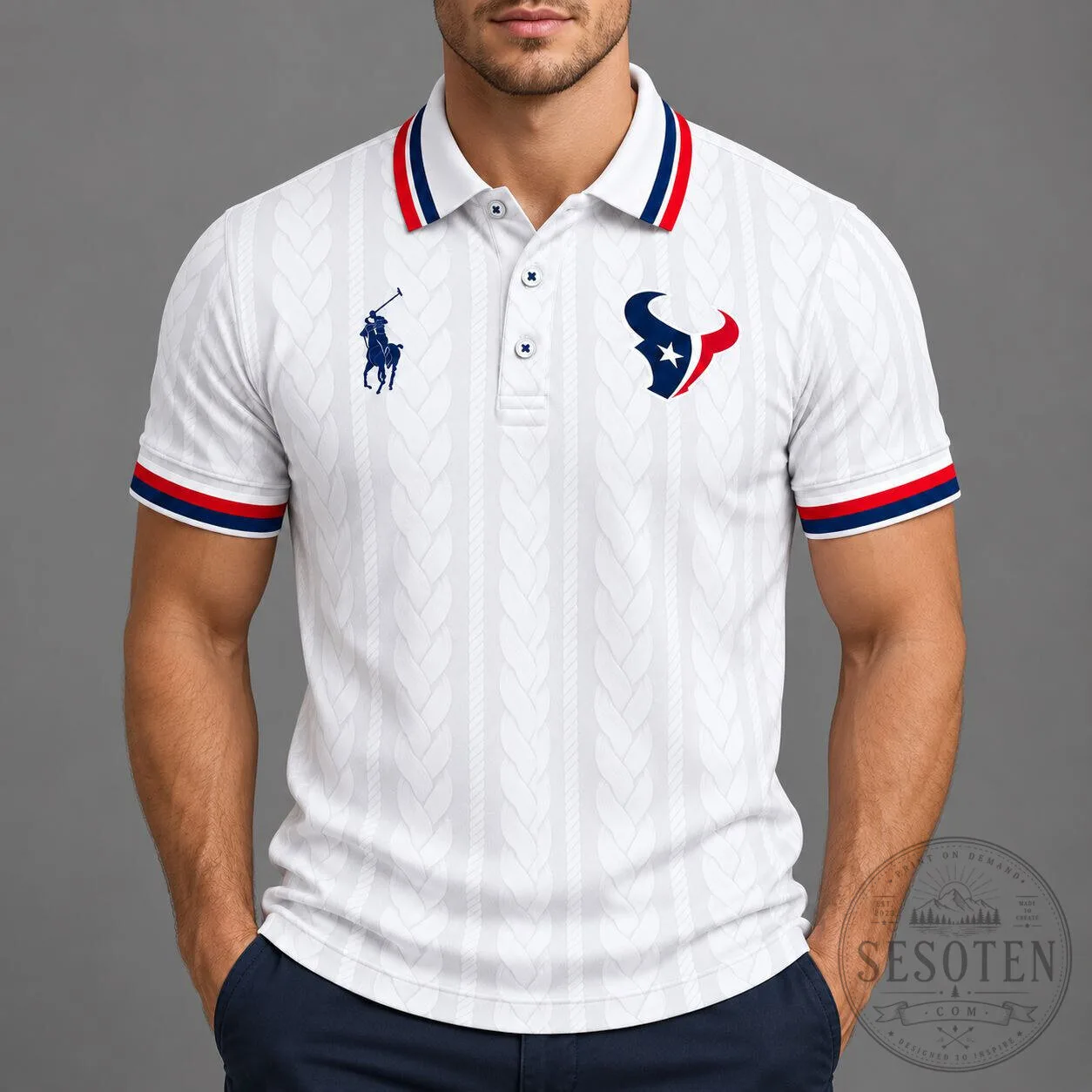Houston Texans NFL Team Logo White Cable Knit Style Polo Shirt 5 Houston Texans NFL Team Logo White Cable Knit Style Polo Shirt