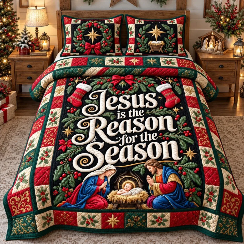 Jesus is the Reason for the Season Christmas Nativity Quilted Bedding Set Jesus is the Reason for the Season Christmas Nativity Quilted Bedding Set