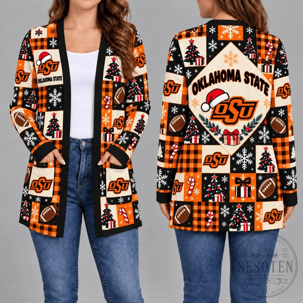 Oklahoma State Cowboys Christmas Holiday Patchwork Long Sleeve Cardigan Oklahoma State Cowboys Christmas Holiday Patchwork Long Sleeve Cardigan