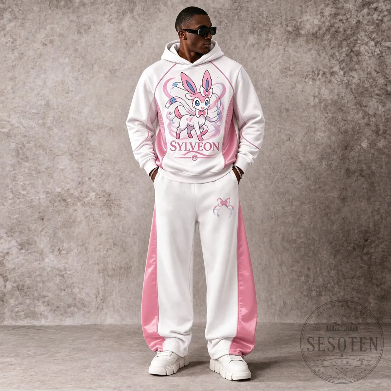 Sylveon Pokemon Character White and Pink Graphic Print Hoodie for Men