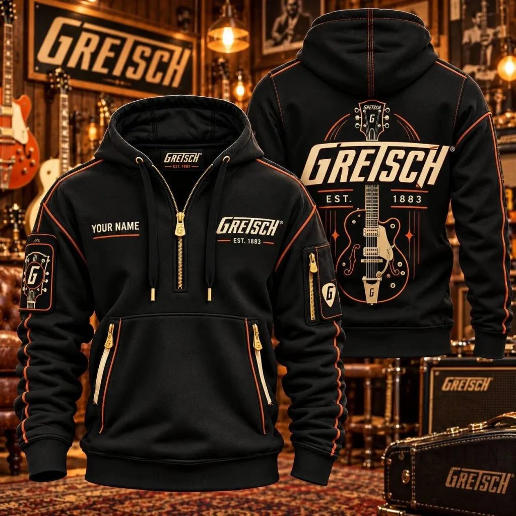Gretsch Guitars Personalized Quarter Zip Hoodie for Musicians and Guitarists Gretsch Guitars Personalized Quarter Zip Hoodie for Musicians and Guitarists