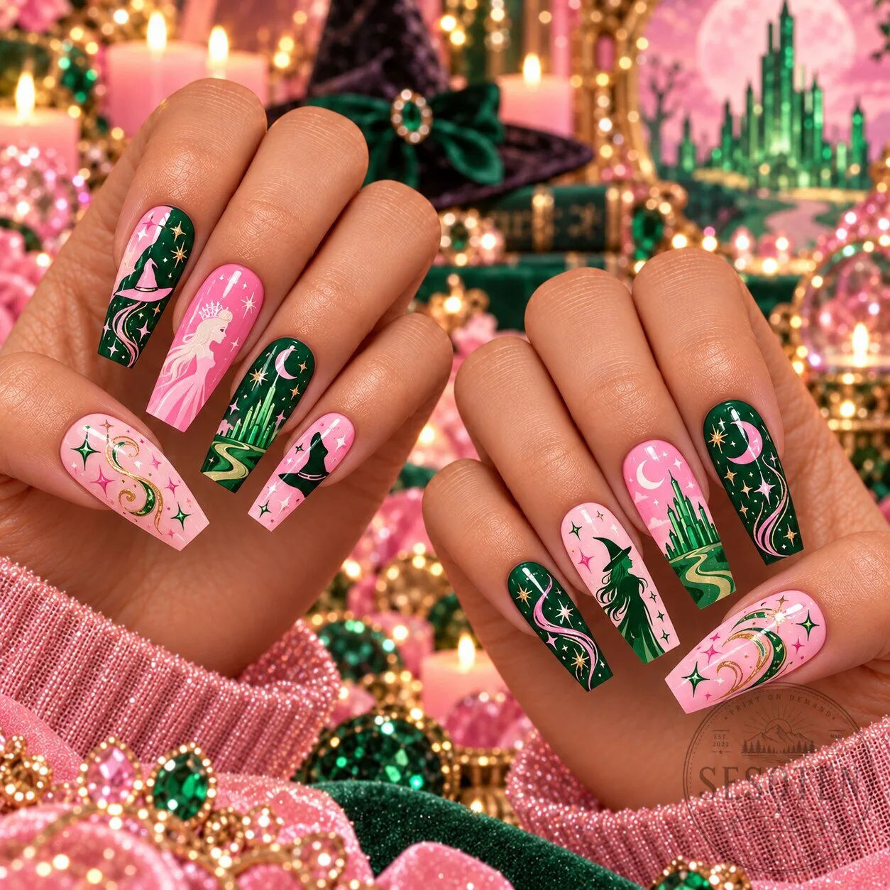 Emerald City Fantasy Press-On Nails with Pink Wicked Witch of the West Design 1 Emerald City Fantasy Press-On Nails with Pink Wicked Witch of the West Design