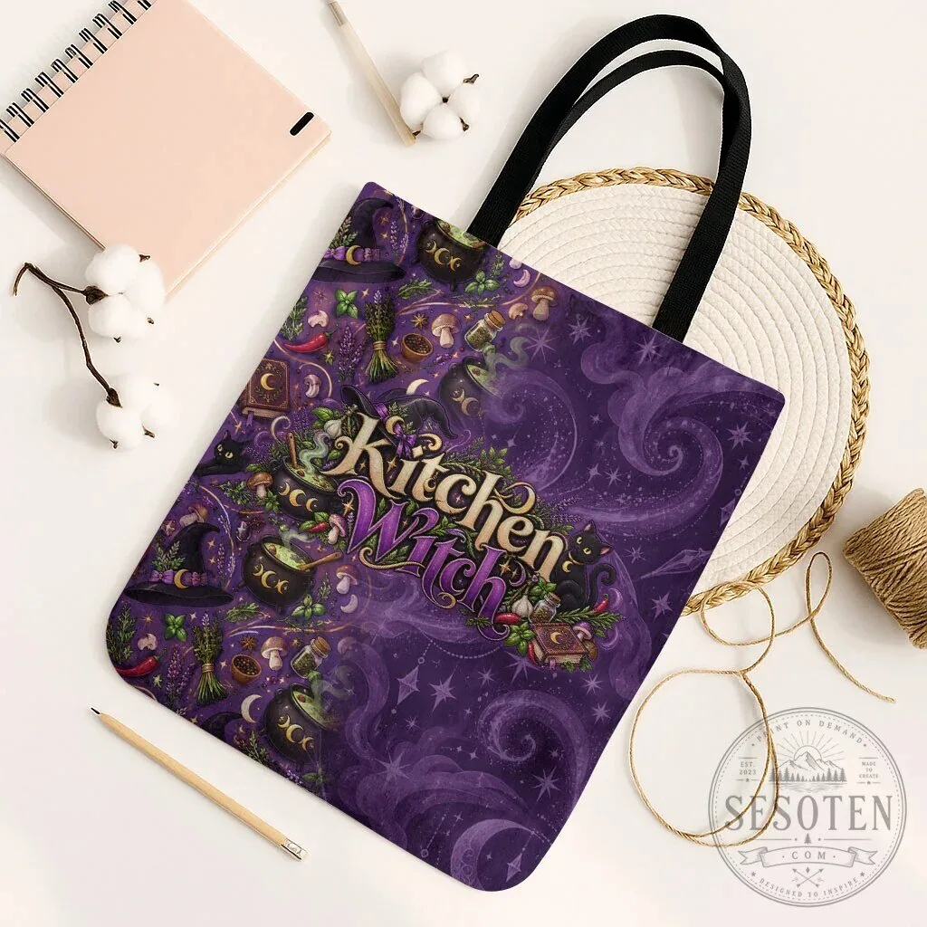 Kitchen Witch Mystical Herb Cauldron Black Cat Tote Bag