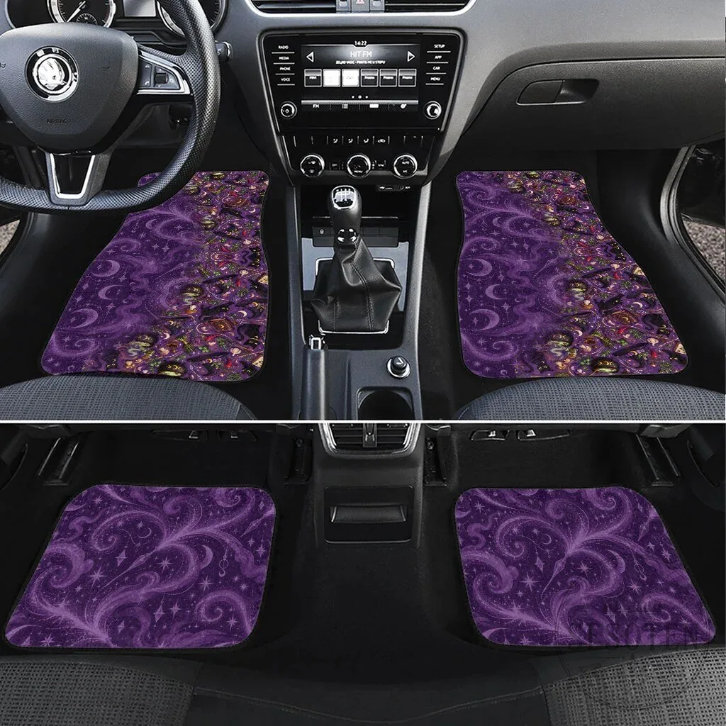 Mystical Wiccan Magic Herb Cauldron Black Cat Purple Car Mat Set