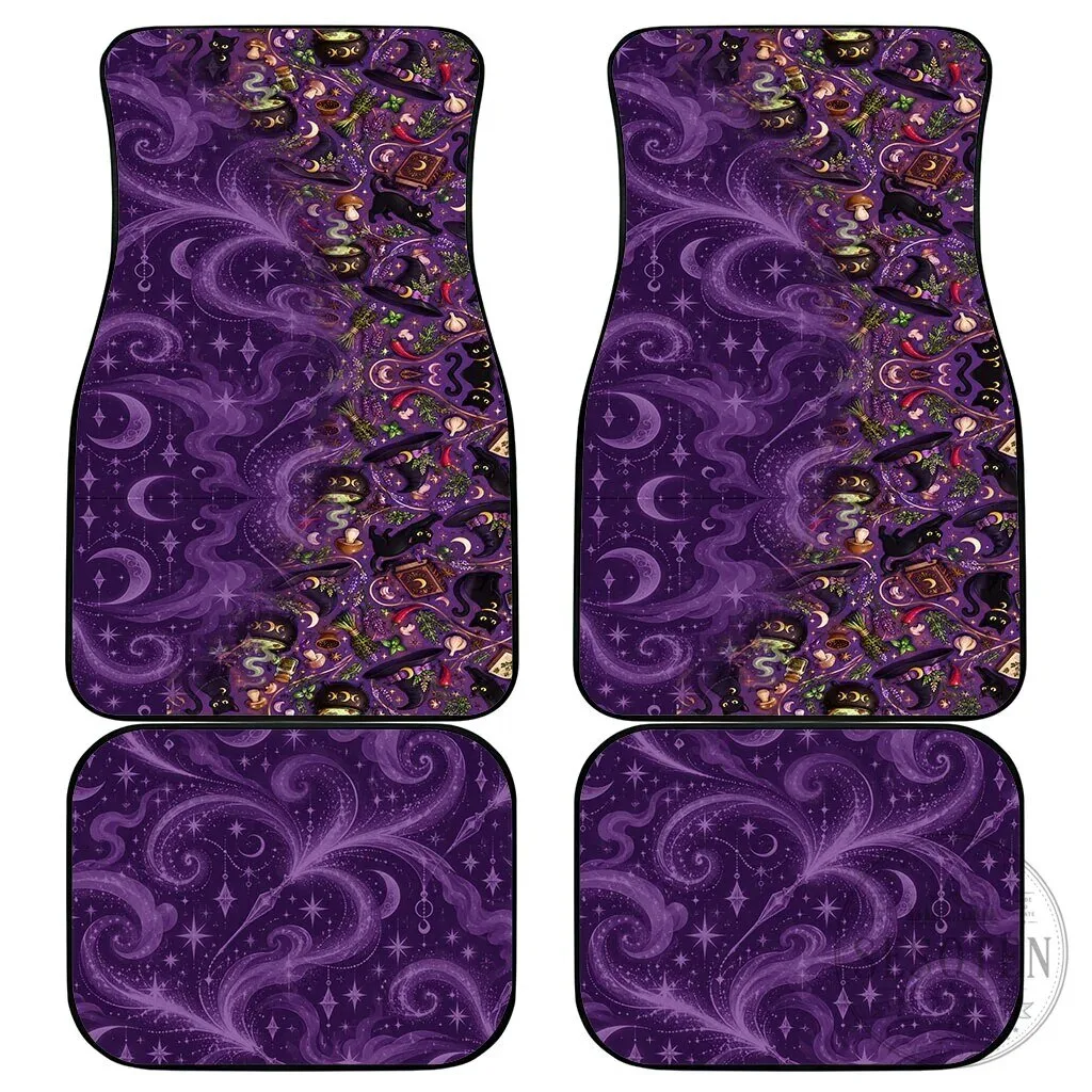 Mystical Wiccan Magic Herb Cauldron Black Cat Purple Car Mat Set 7 Mystical Wiccan Magic Herb Cauldron Black Cat Purple Car Mat Set