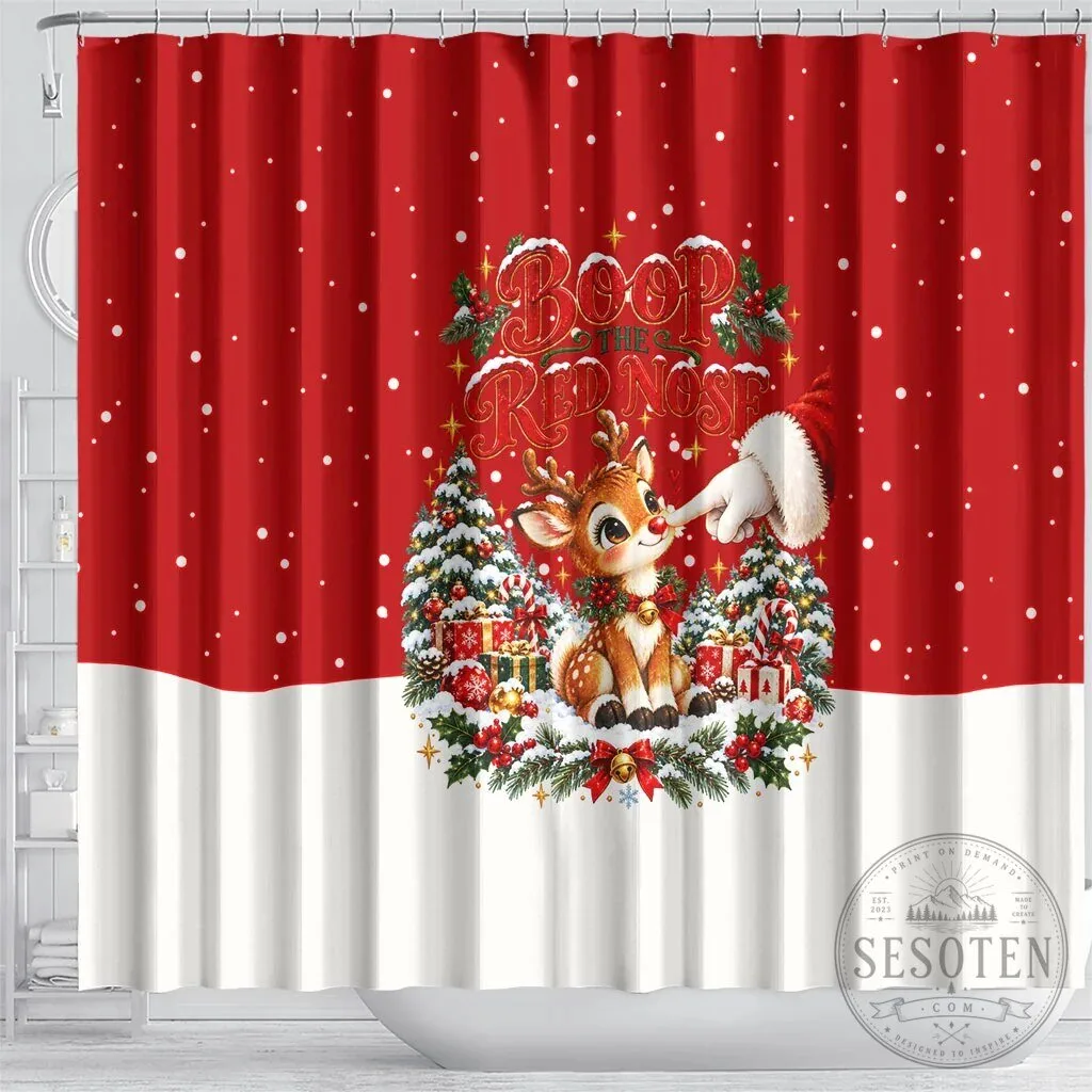 Cute Reindeer Boop The Red Nose Christmas Shower Curtain 8 Cute Reindeer Boop The Red Nose Christmas Shower Curtain