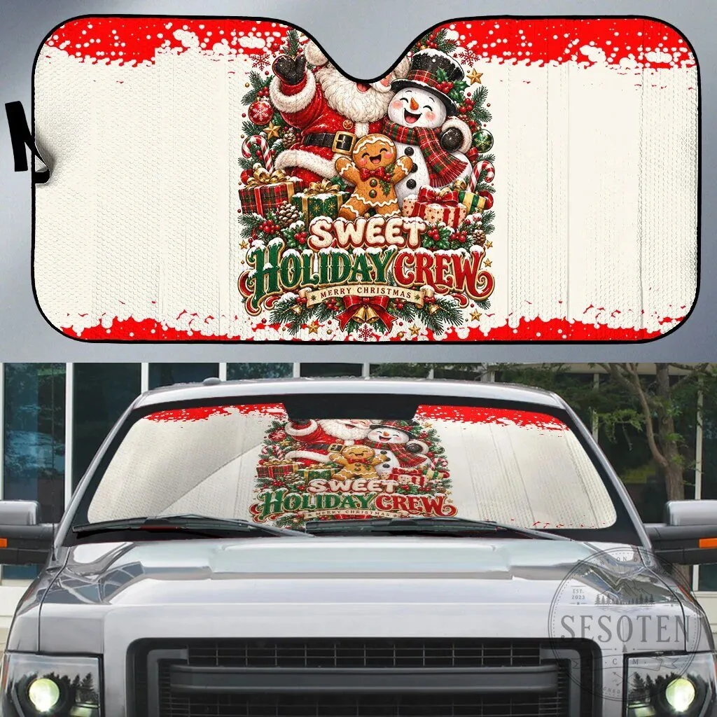 Sweet Holiday Crew Merry Christmas Santa Snowman Gingerbread Man Car Sunshade