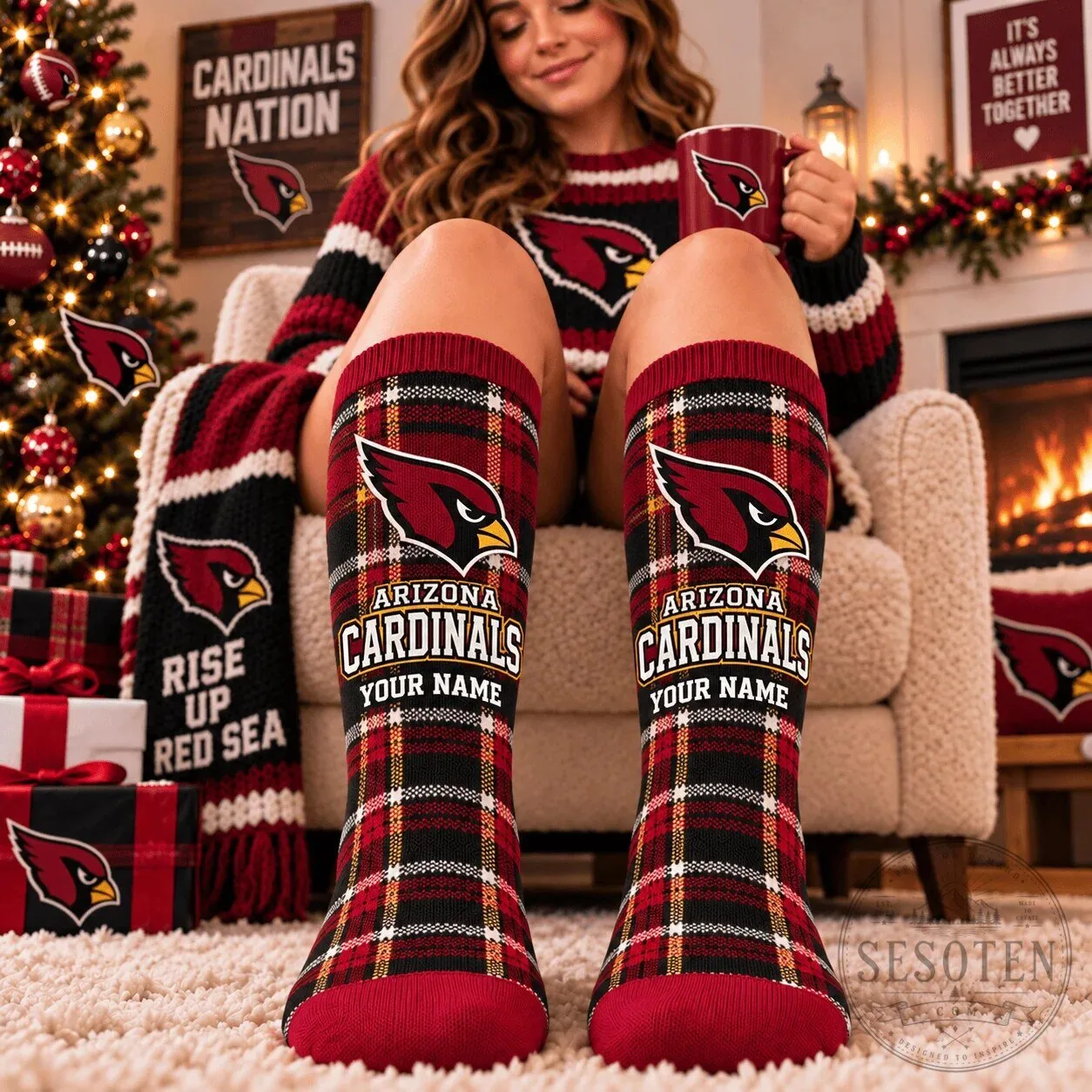 Arizona Cardinals Personalized Name Plaid Print Crew Socks