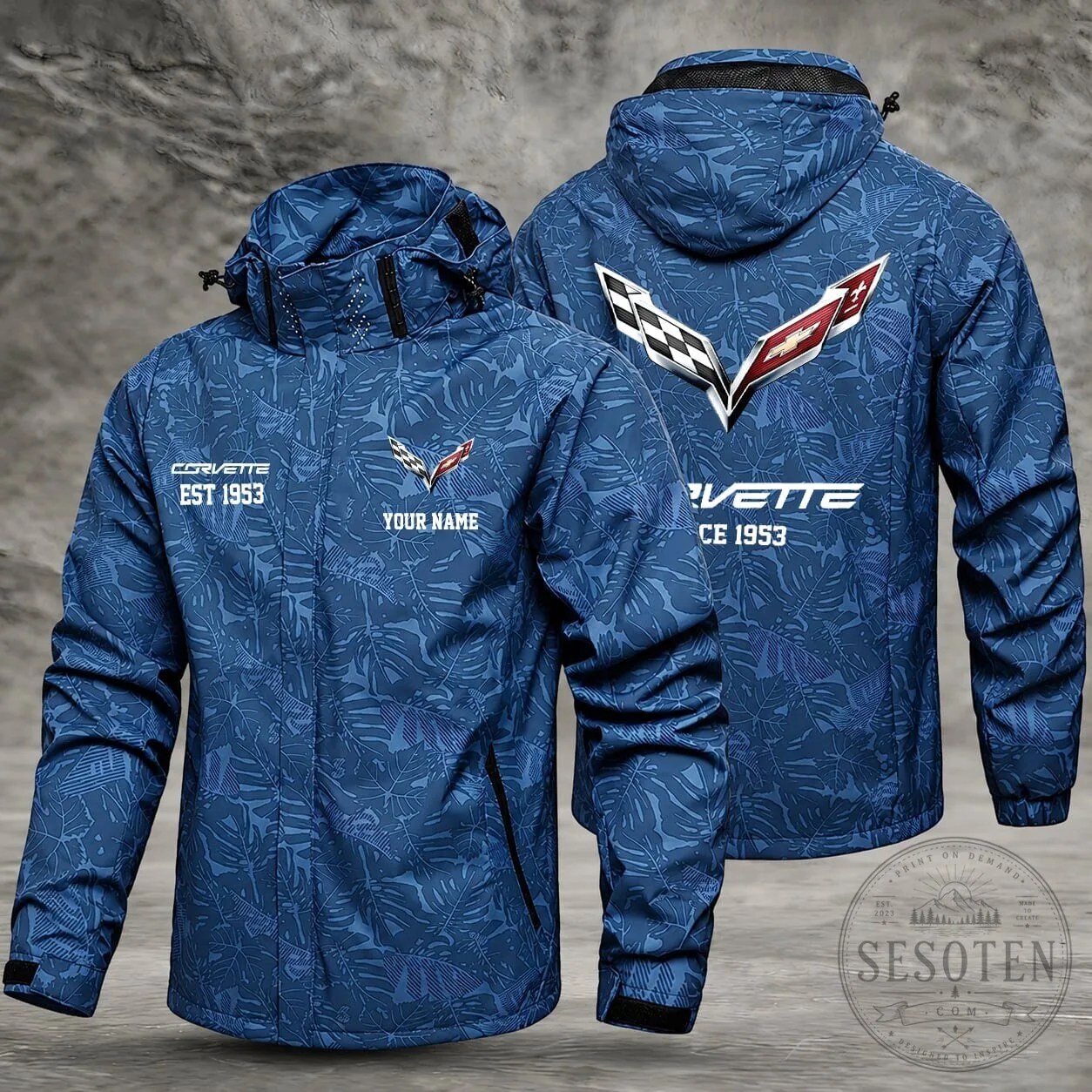 Corvette Est 1953 Custom Name Blue Leaf Pattern Waterproof Windbreaker Jacket