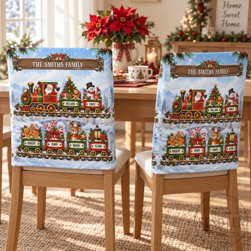 Personalized Christmas Train Family Name Dining Chair Cover Holiday Decor Personalized Christmas Train Family Name Dining Chair Cover Holiday Decor