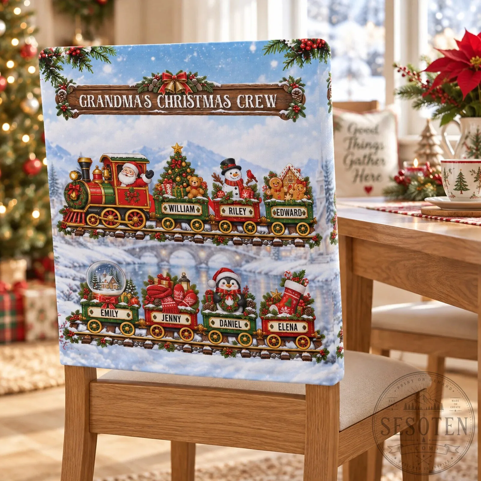 Personalized Christmas Train Family Name Dining Chair Cover Holiday Decor 8 Personalized Christmas Train Family Name Dining Chair Cover Holiday Decor