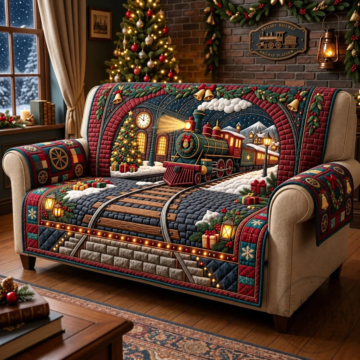 Midnight Christmas Express Quilted Sofa Cover for Holiday Home Decor