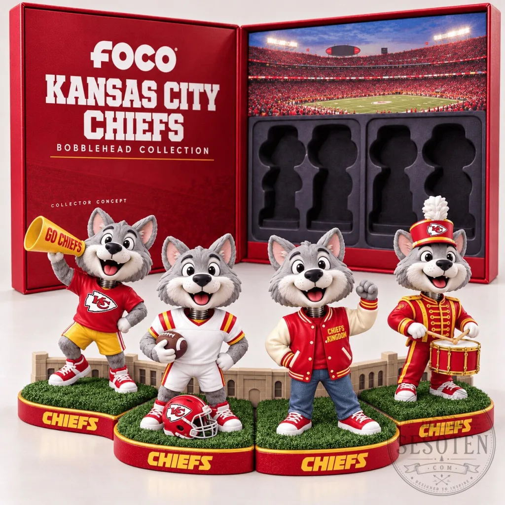 Kansas City Chiefs Wolf Mascot Bobblehead Collection Set of Four Figurines Kansas City Chiefs Wolf Mascot Bobblehead Collection Set of Four Figurines