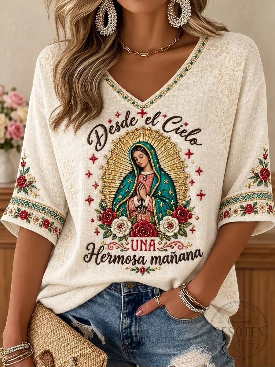 Our Lady of Guadalupe Virgin Mary Religious Embroidered V-Neck T-Shirt 2 Our Lady of Guadalupe Virgin Mary Religious Embroidered V-Neck T-Shirt