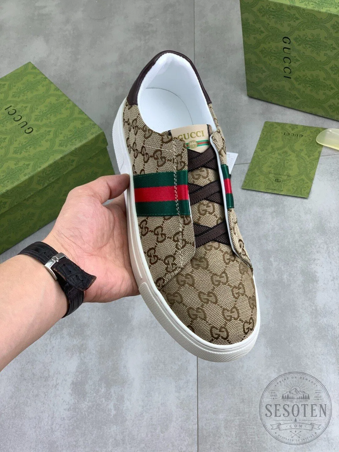 Gucci Monogram Canvas Brown and Red Stripe Low Top Sneakers