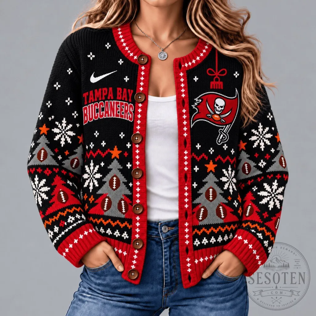 Tampa Bay Buccaneers NFL Game Day Winter Wonderland Snowflake Cardigan Tampa Bay Buccaneers NFL Game Day Winter Wonderland Snowflake Cardigan