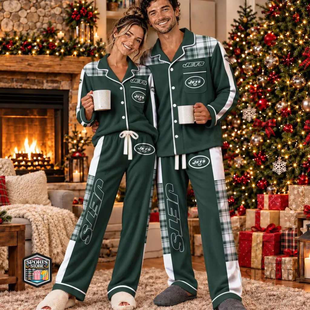 New York Jets Holiday Plaid Christmas Pajamas Set New York Jets Holiday Plaid Christmas Pajamas Set