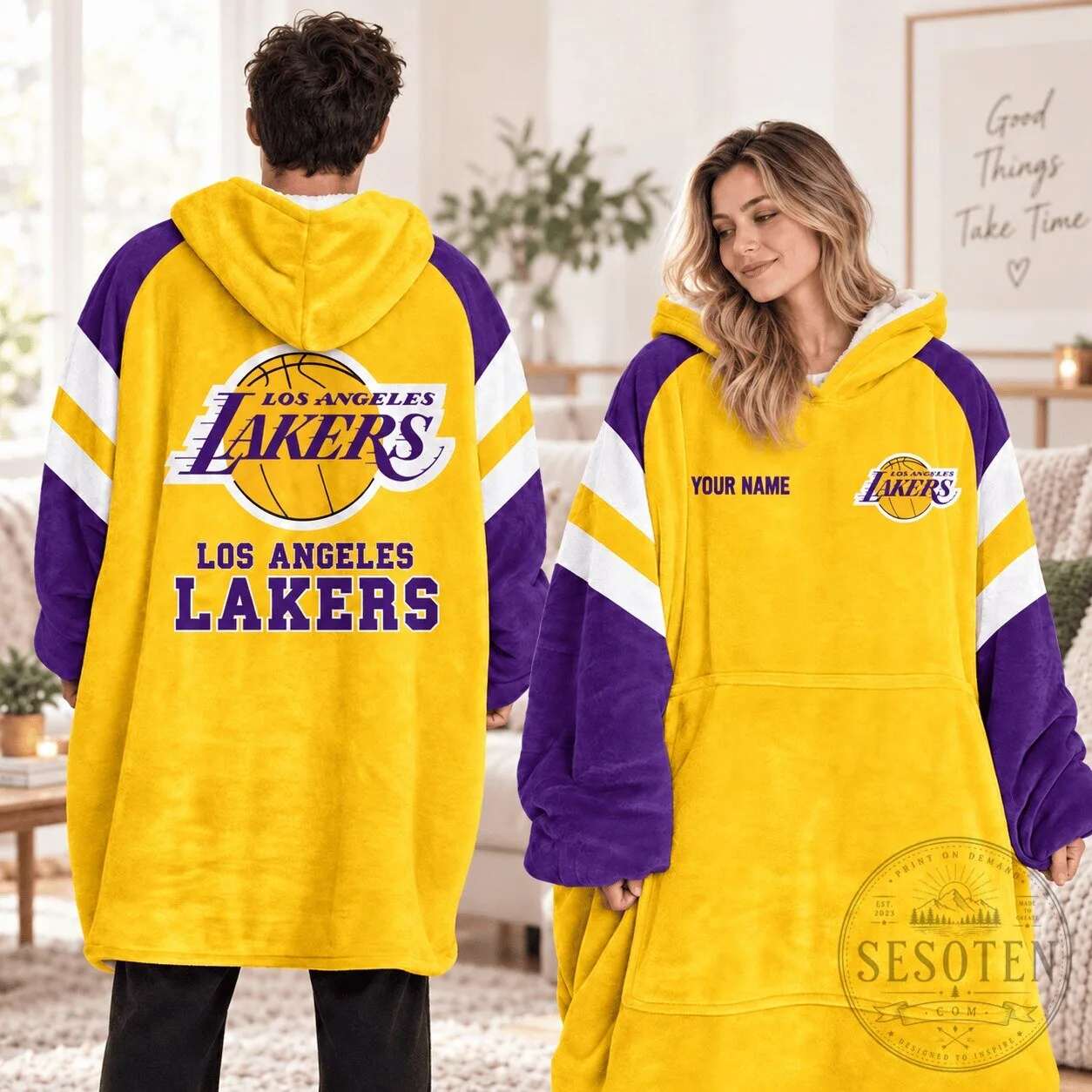 Los Angeles Lakers NBA Oversized Wearable Blanket Hoodie with Custom Name