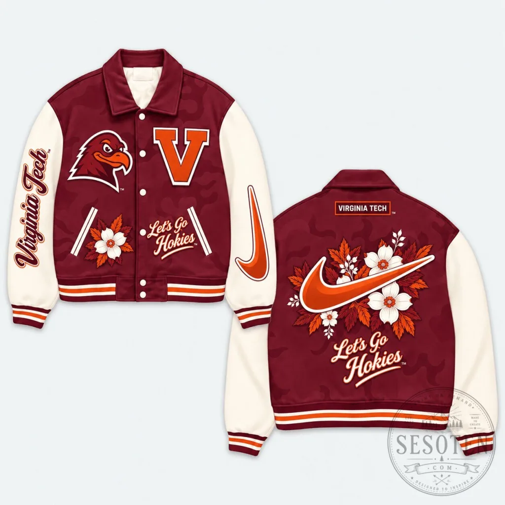 Virginia Tech Hokies NCAA Team Logo Floral Design Premium Varsity Jacket Virginia Tech Hokies NCAA Team Logo Floral Design Premium Varsity Jacket