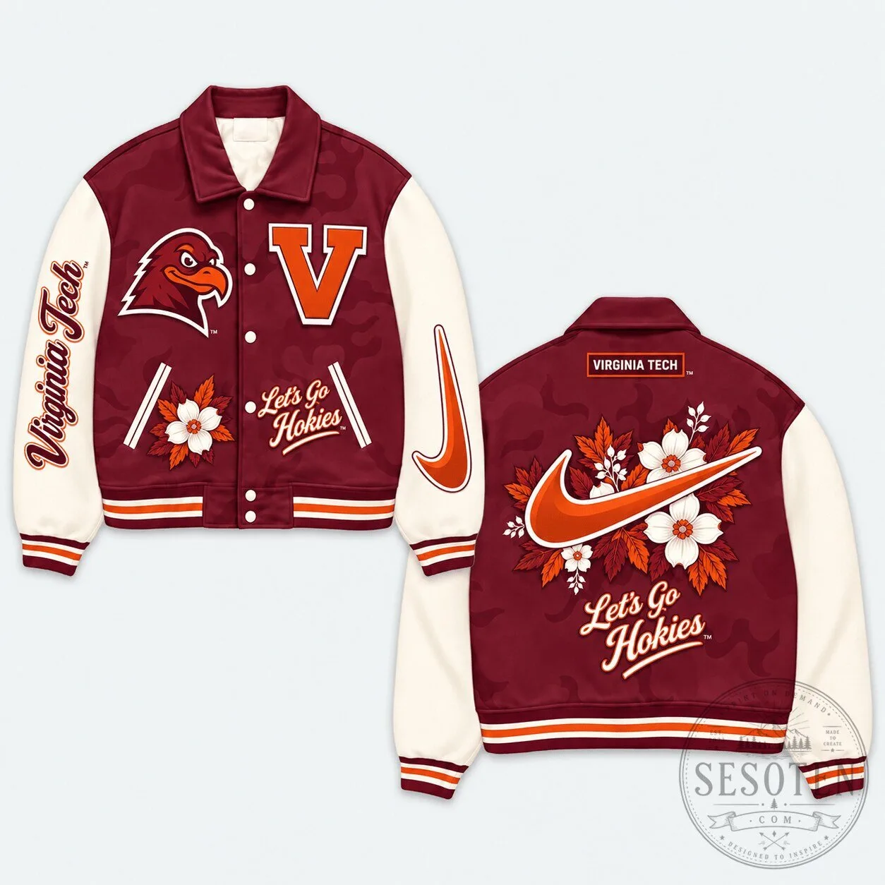 Virginia Tech Hokies NCAA Team Logo Floral Design Premium Varsity Jacket