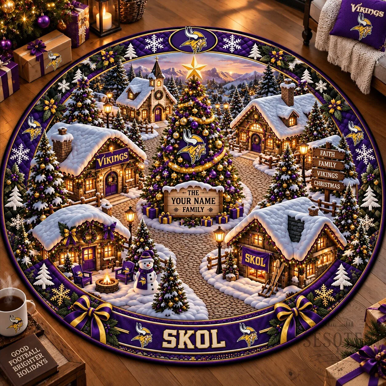 Minnesota Vikings NFL Christmas Village Personalized Round Rug 1 Minnesota Vikings NFL Christmas Village Personalized Round Rug