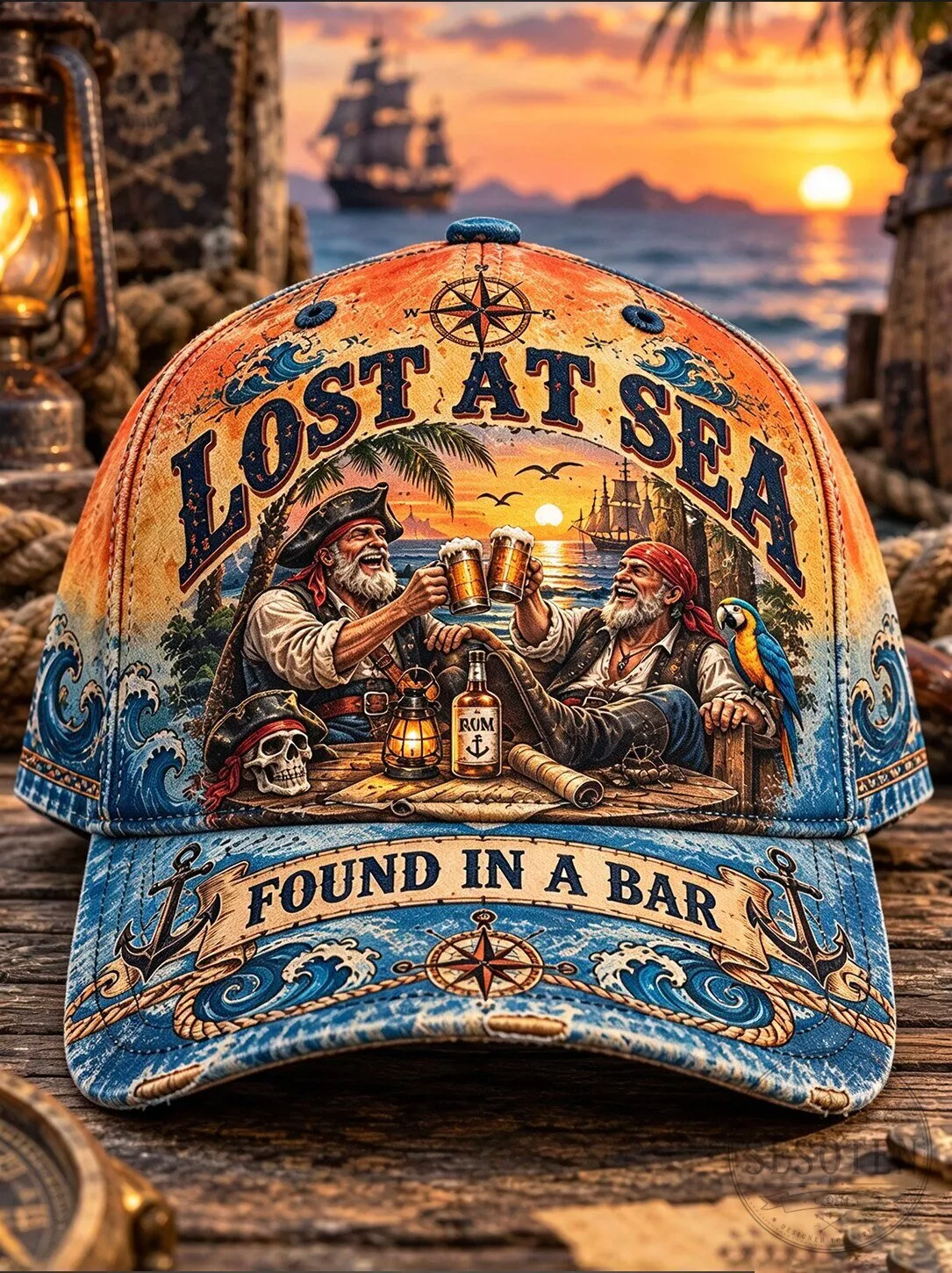 Lost At Sea Found In A Bar Pirate Skull Rum Compass Sunset Cap Hat