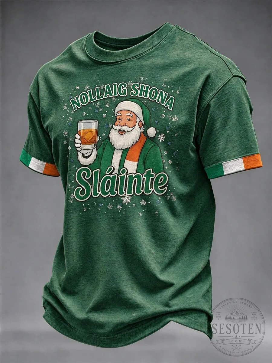 Irish Christmas Santa Claus Nollaig Shona Slainte Holiday Green T-Shirt