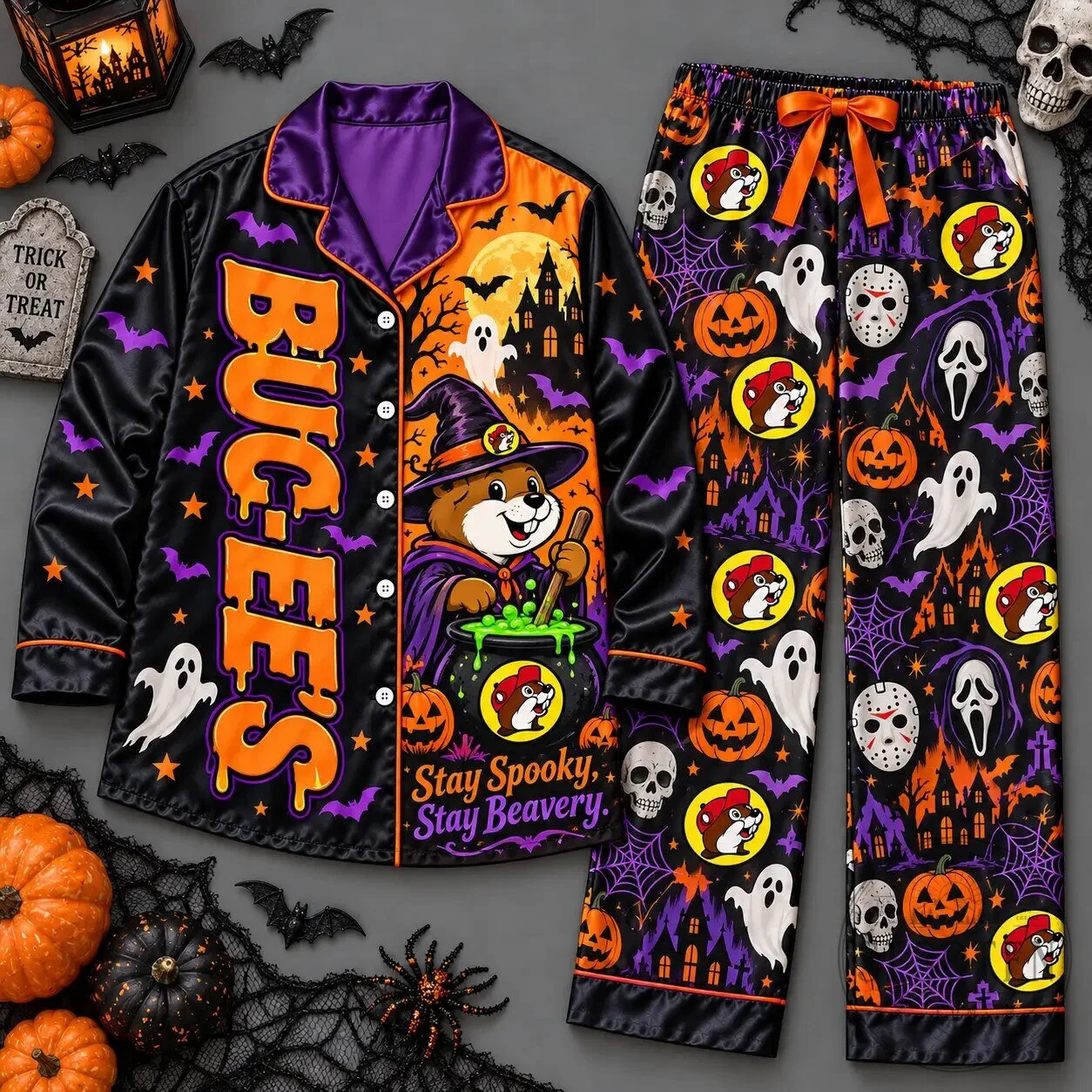 Buc-ee's Halloween Pajamas Set Stay Spooky Beavery Long Sleeve Sleepwear