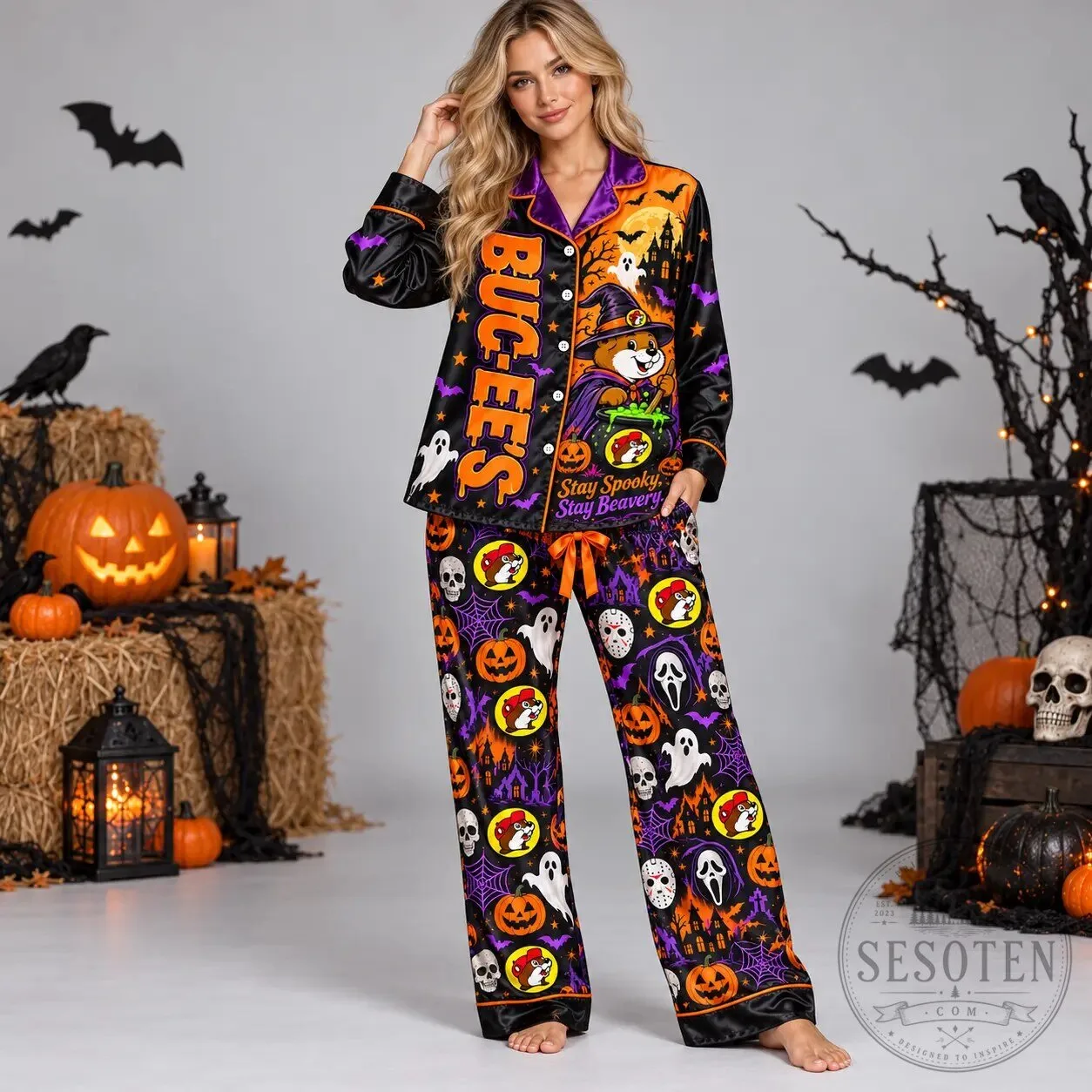 Buc-ee's Halloween Pajamas Set Stay Spooky Beavery Long Sleeve Sleepwear 6 Buc-ee