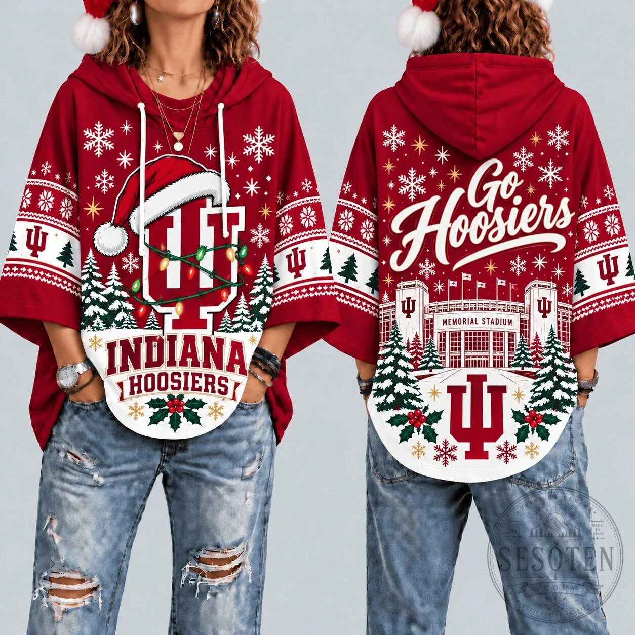 Indiana Hoosiers Christmas Santa Hat Snowflakes Go Hoosiers Hoodie