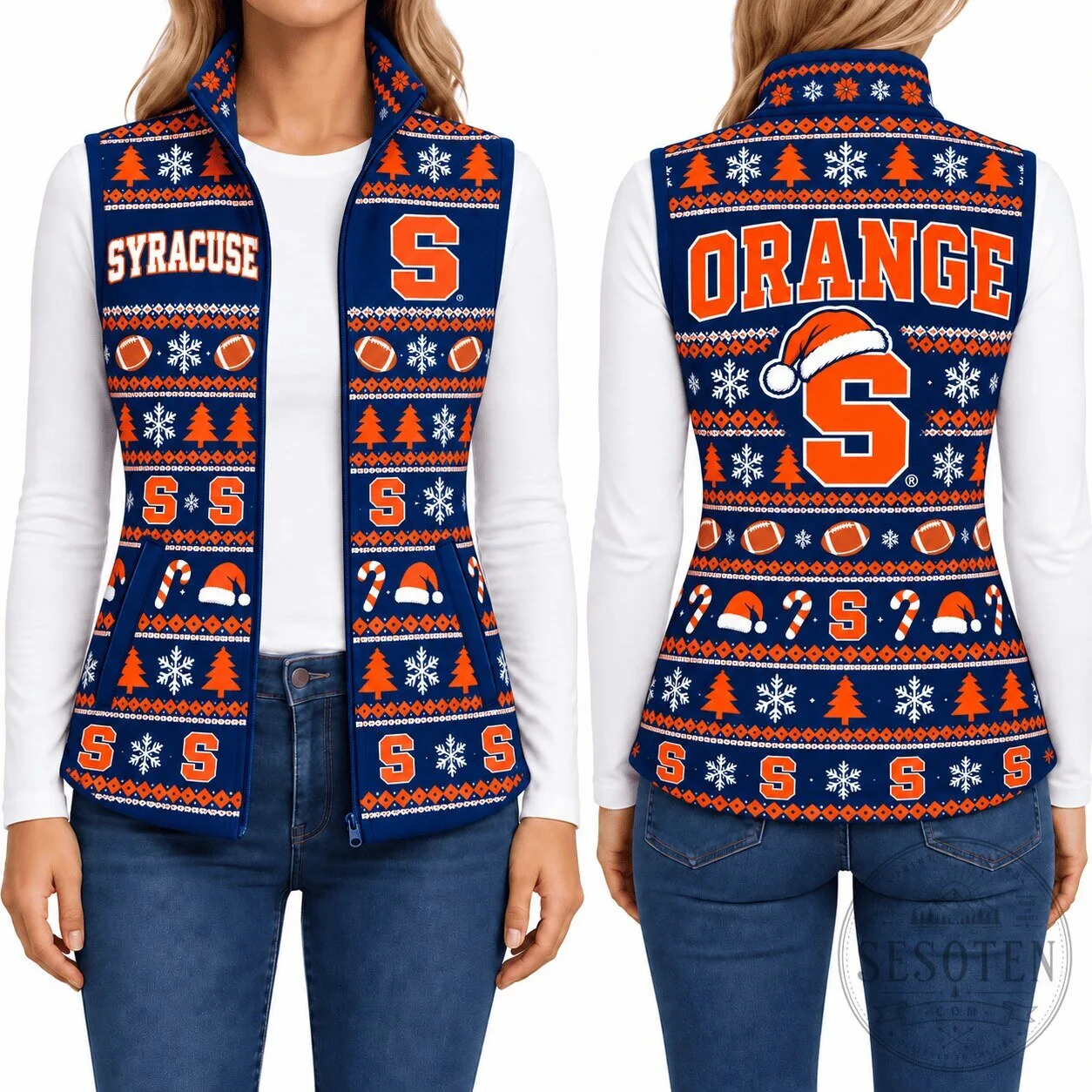 Syracuse Orange Christmas Ugly Sweater Pattern Sleeveless Jacket