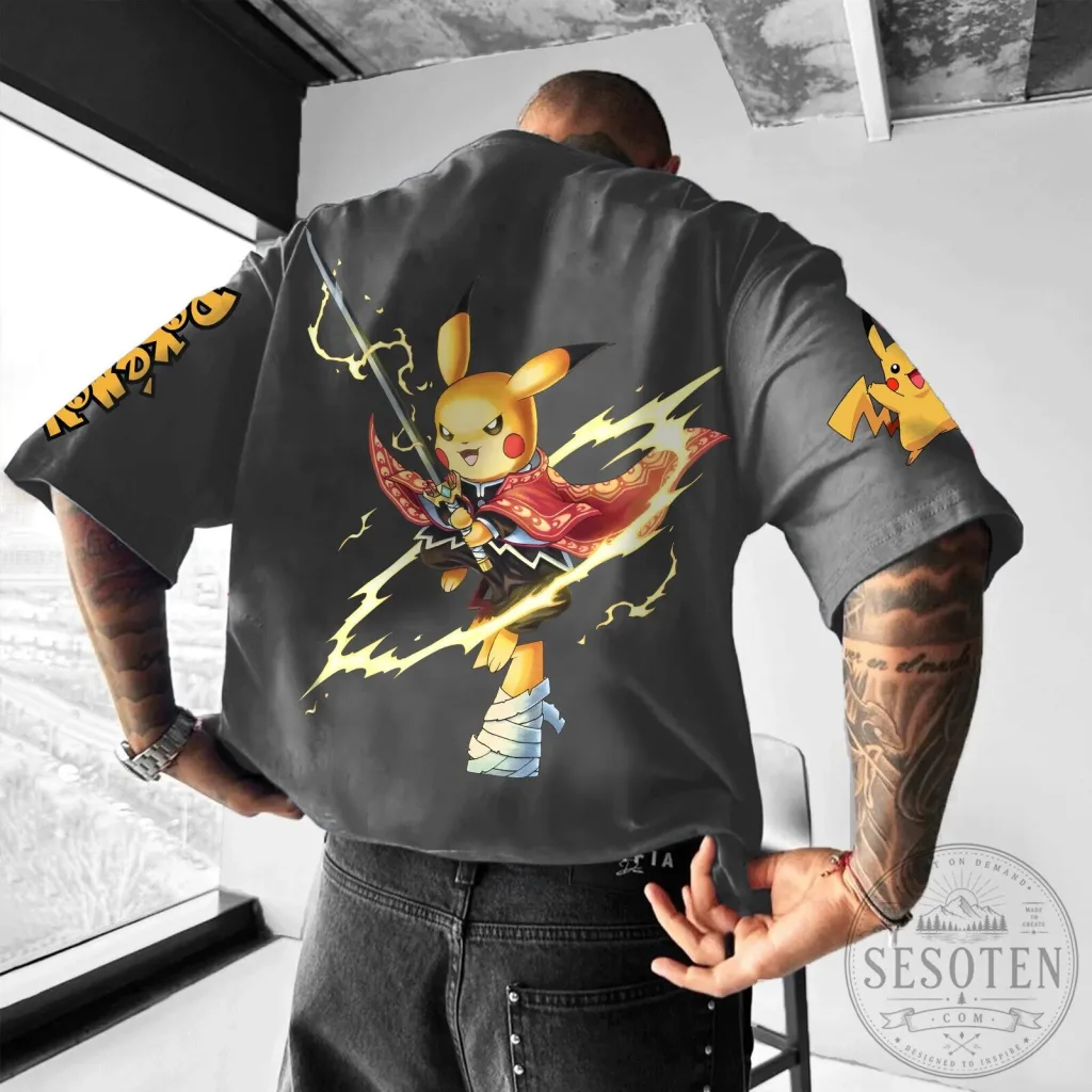 Pokemon Pikachu Samurai Warrior Anime Graphic Print Short Sleeve T-Shirt Pokemon Pikachu Samurai Warrior Anime Graphic Print Short Sleeve T-Shirt
