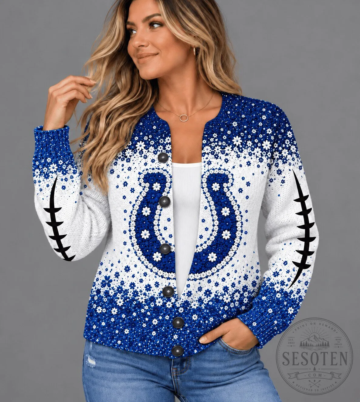 Indianapolis Colts Football Team Floral Pattern Cardigan Sweater for Women