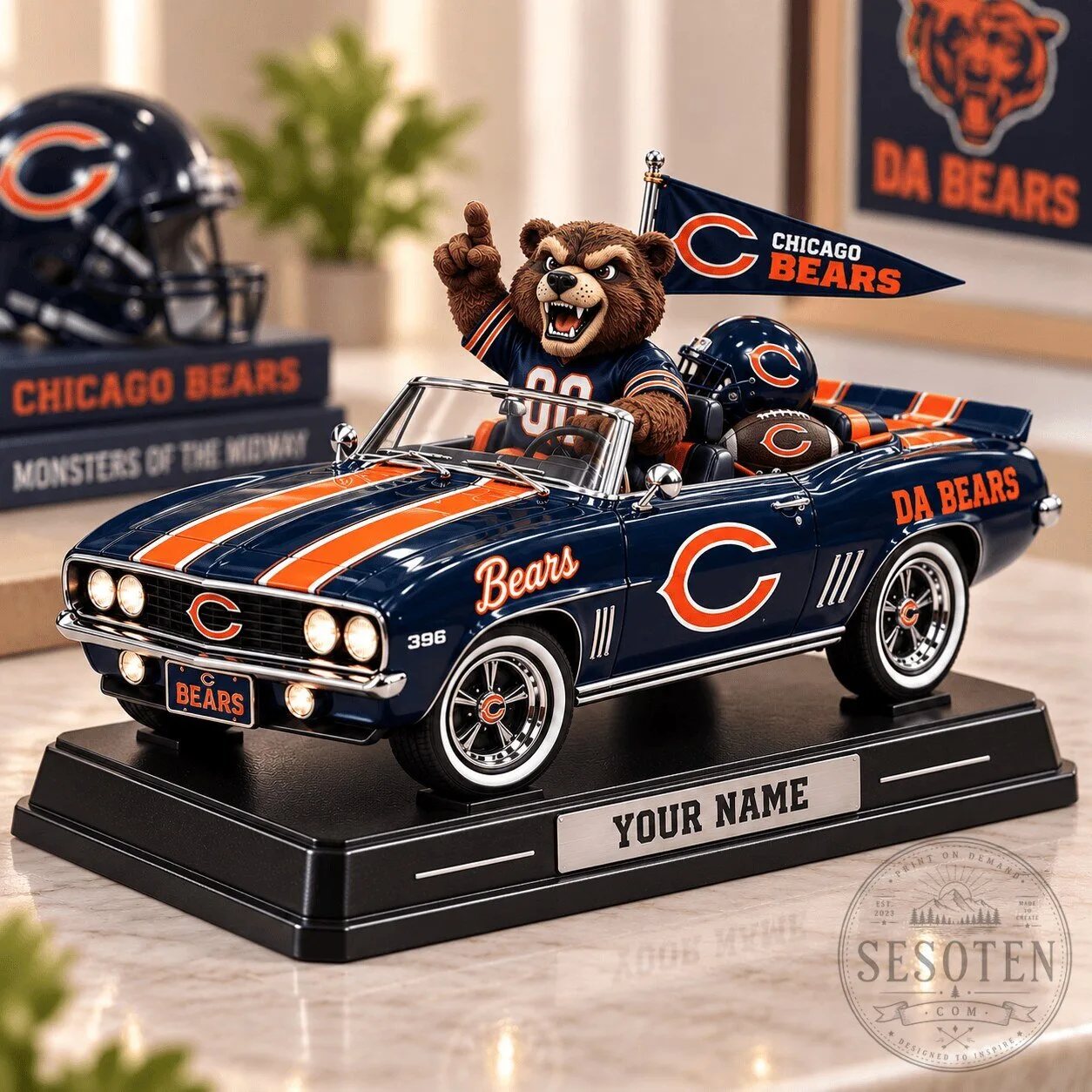 Chicago Bears NFL Mascot Driving Convertible Car Acrylic Block Desk Plaque