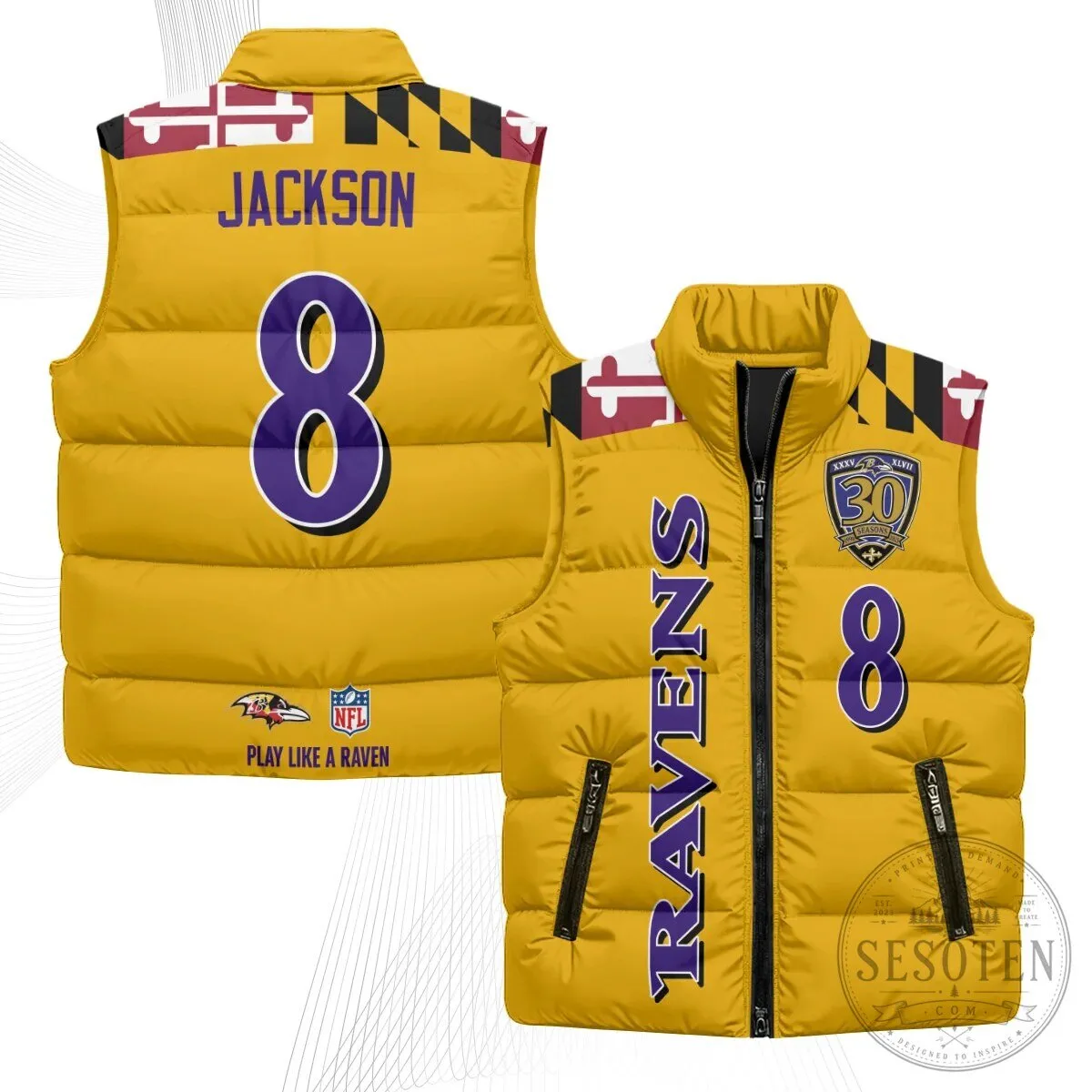 Baltimore Ravens Lamar Jackson Number 8 NFL Football Puffer Vest 52 Baltimore Ravens Lamar Jackson Number 8 NFL Football Puffer Vest