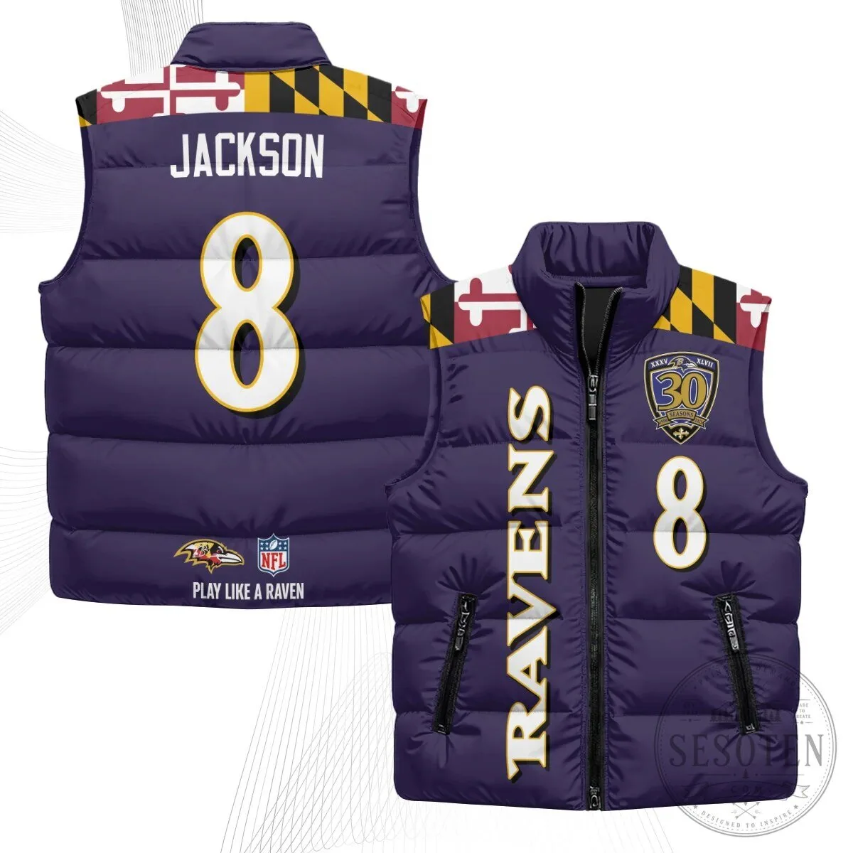 Baltimore Ravens Lamar Jackson Number 8 NFL Football Puffer Vest 72 Baltimore Ravens Lamar Jackson Number 8 NFL Football Puffer Vest