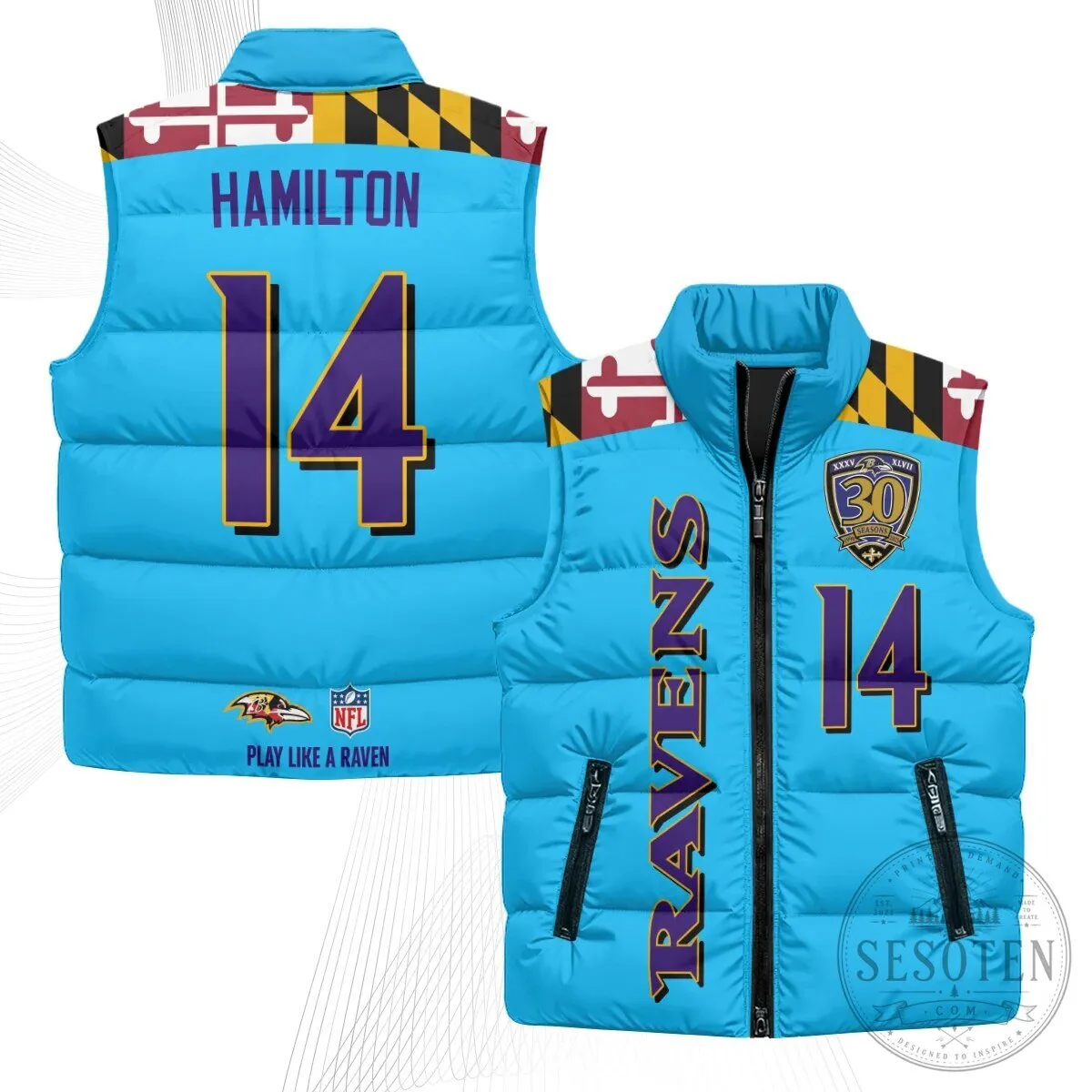 Baltimore Ravens Lamar Jackson Number 8 NFL Football Puffer Vest 85 Baltimore Ravens Lamar Jackson Number 8 NFL Football Puffer Vest