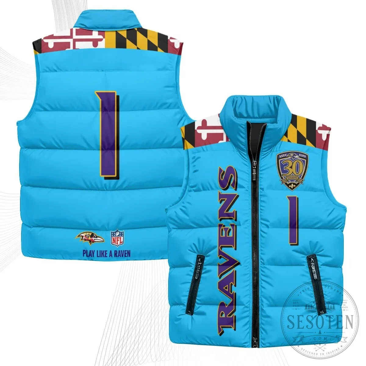 Baltimore Ravens Lamar Jackson Number 8 NFL Football Puffer Vest 90 Baltimore Ravens Lamar Jackson Number 8 NFL Football Puffer Vest