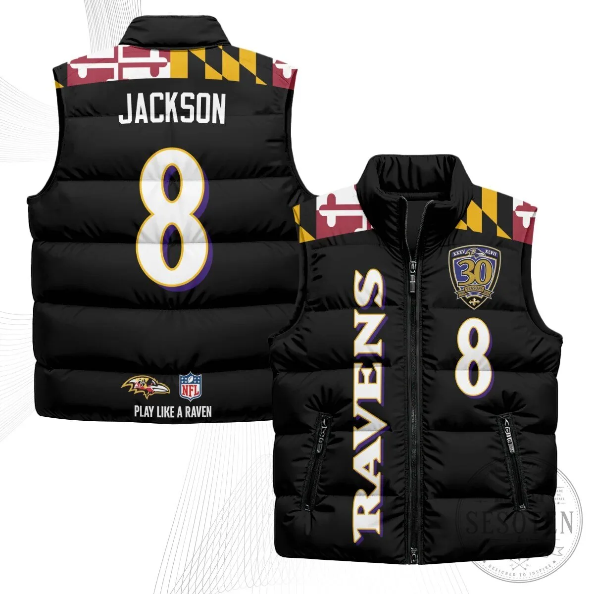 Baltimore Ravens Lamar Jackson Number 8 NFL Football Puffer Vest 92 Baltimore Ravens Lamar Jackson Number 8 NFL Football Puffer Vest