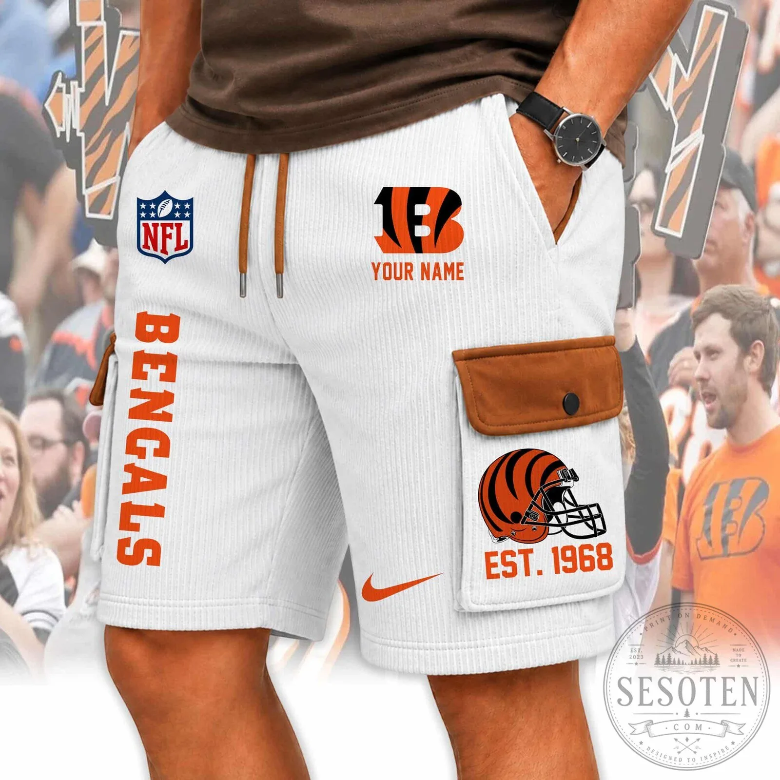 Cincinnati Bengals NFL Custom Name White Cargo Shorts