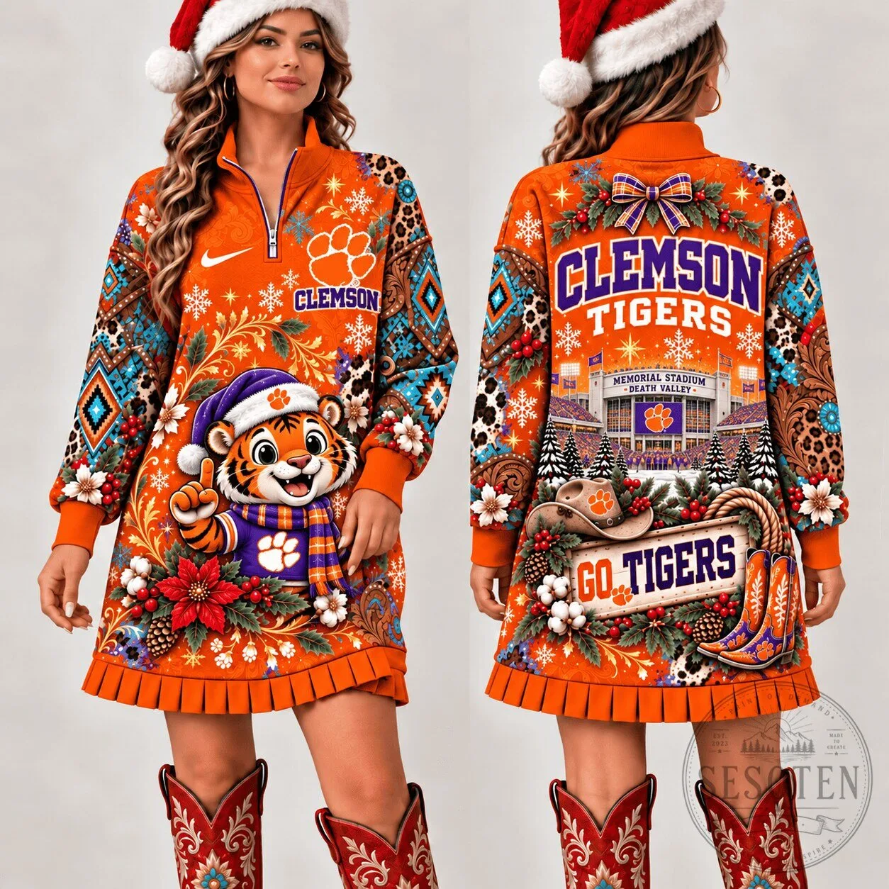 Clemson Tigers Christmas Western Boho Pattern Quarter Zip Sweatshirt Dress